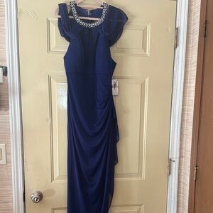 Alex Evenings Elegant Blue float sleeve gown with pearl embellishments